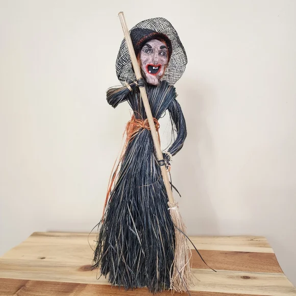 Holiday Spooky Witch Paper Mache Clay Face With Broomstick